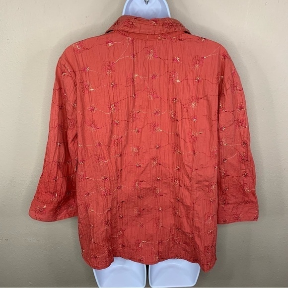Dressbarn Brick Red Orange Embroidered Floral Stretch Button Down Shirt - Picture 4 of 9